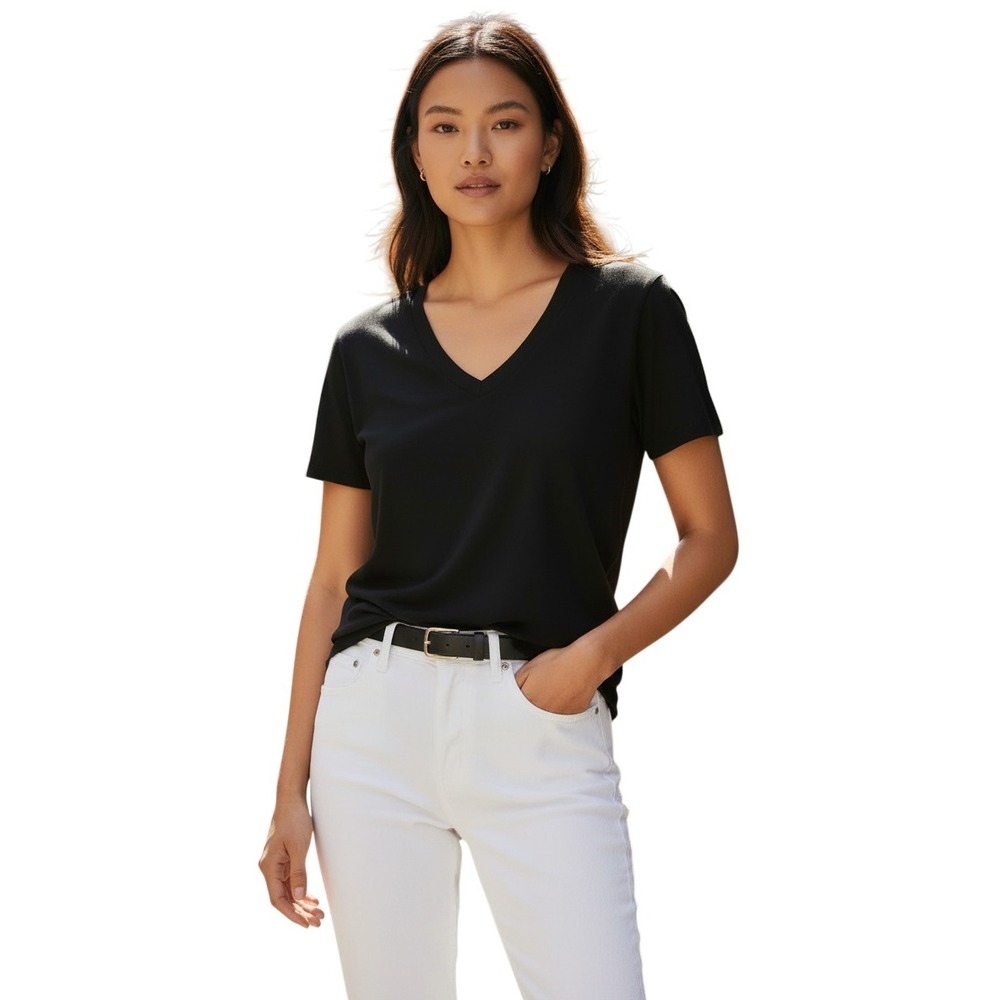 AG‎ Adriano Goldschmied NWOT Black 100% Cotton Deep V-Neck Seam Detail Tee S $78